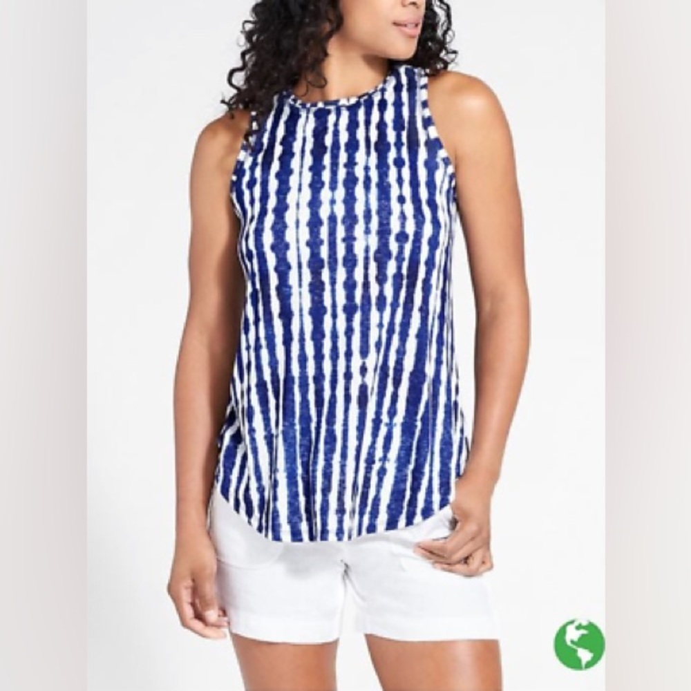 ATHLETA WOMEN'S Breezy Tank Top NAVY BLUE WHITE PRINTED SLEEVELESS